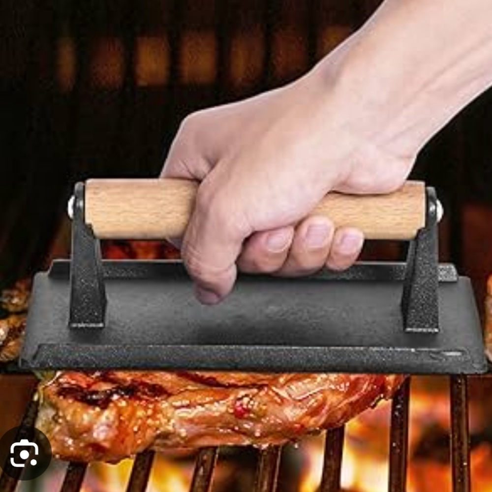 Cast Iron Grill Press with Wooden Handle